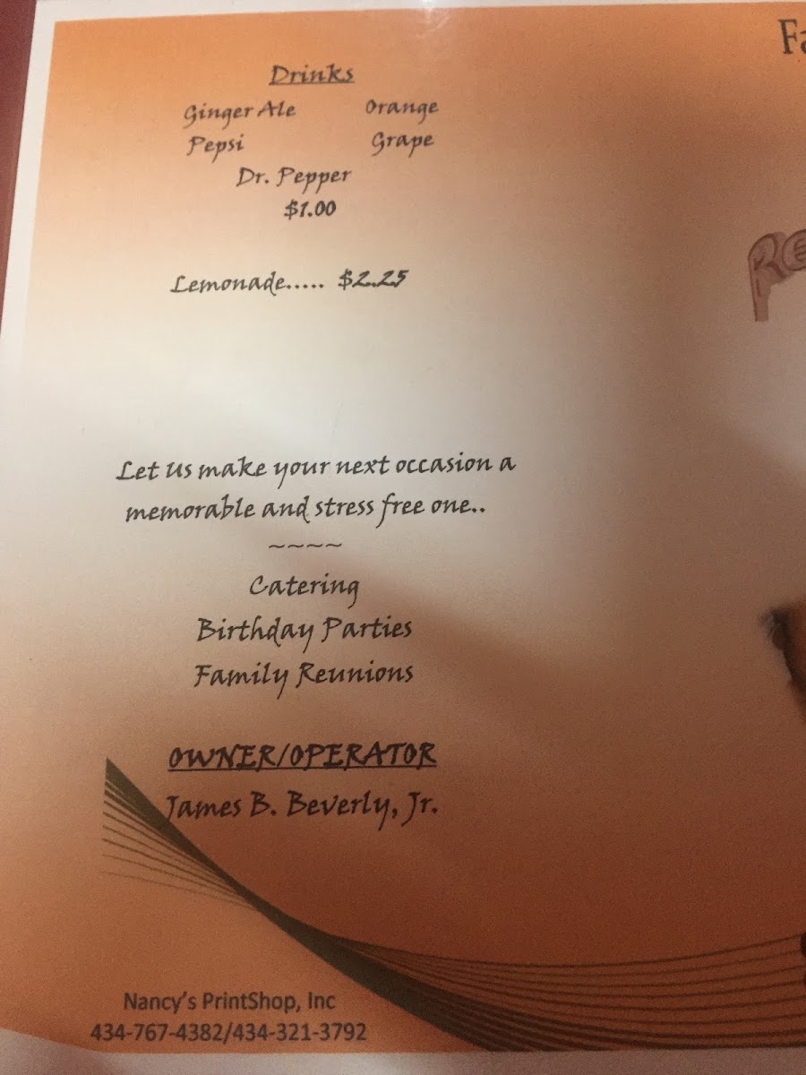Paris Inn Restaurant menu board