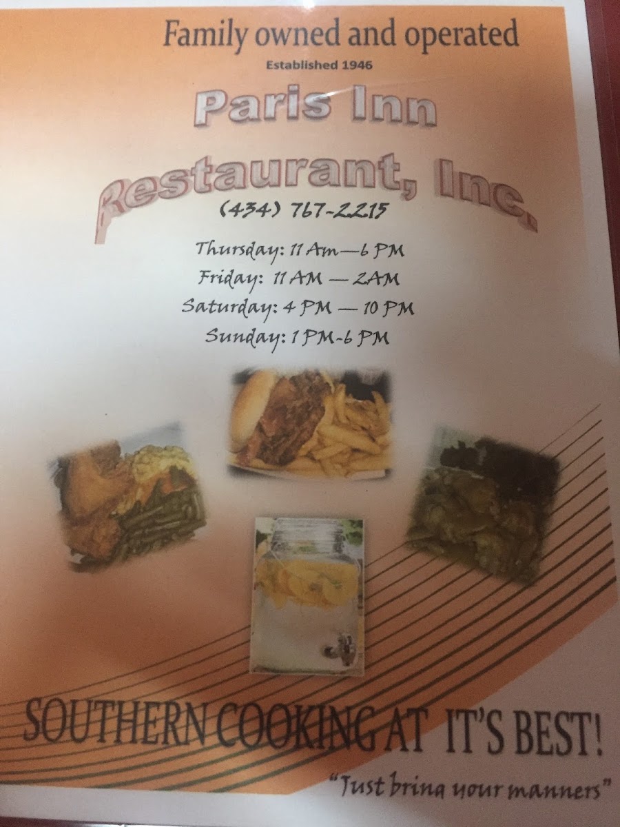 Paris Inn Restaurant menu board