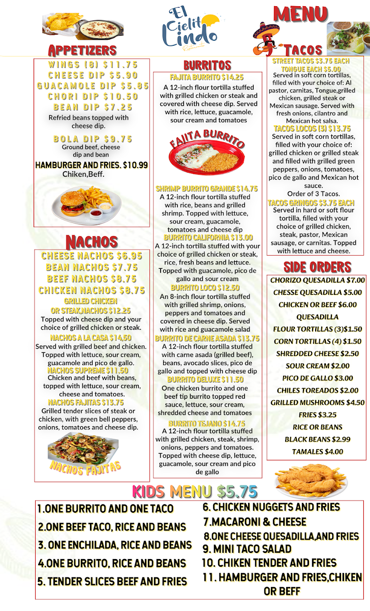 El Cielito Lindo Mexican Restaurant menu board