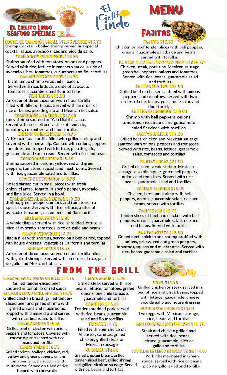 El Cielito Lindo Mexican Restaurant menu board