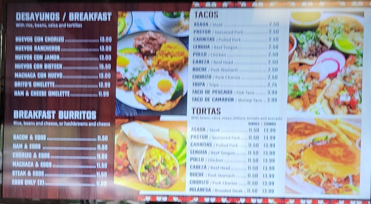 Brito's Taqueria 1 menu board
