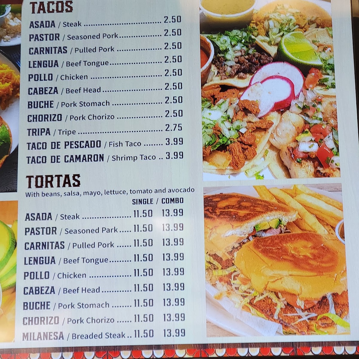 Brito's Taqueria 1 menu board
