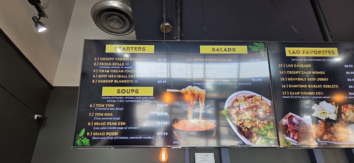 ZAAP Kitchen Lao & Thai Street Eats at Lake Highlands menu board