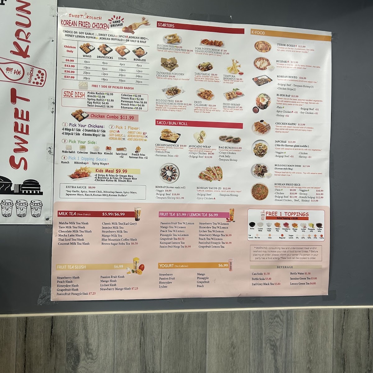 Sweet Krunch McDonough Korean Fried Chicken&Boba Tea menu board