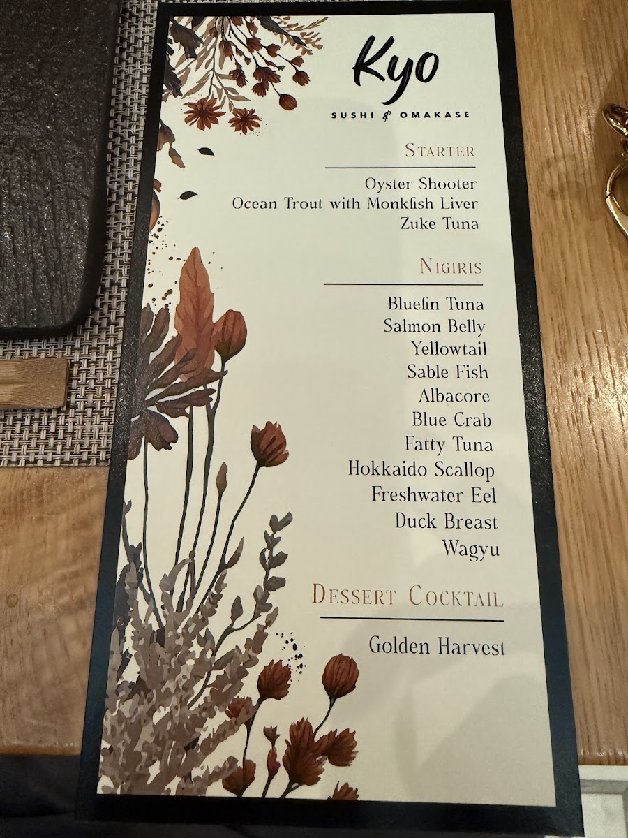 Kyo Sushi and Omakase menu board