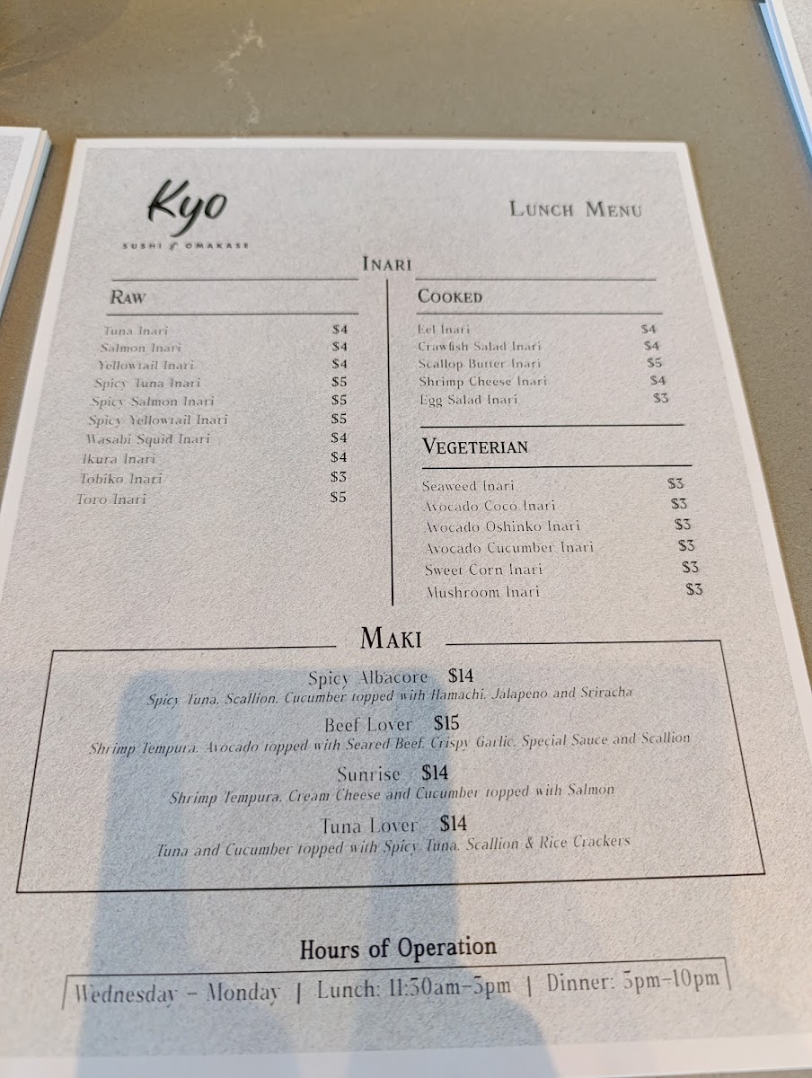 Kyo Sushi and Omakase menu board
