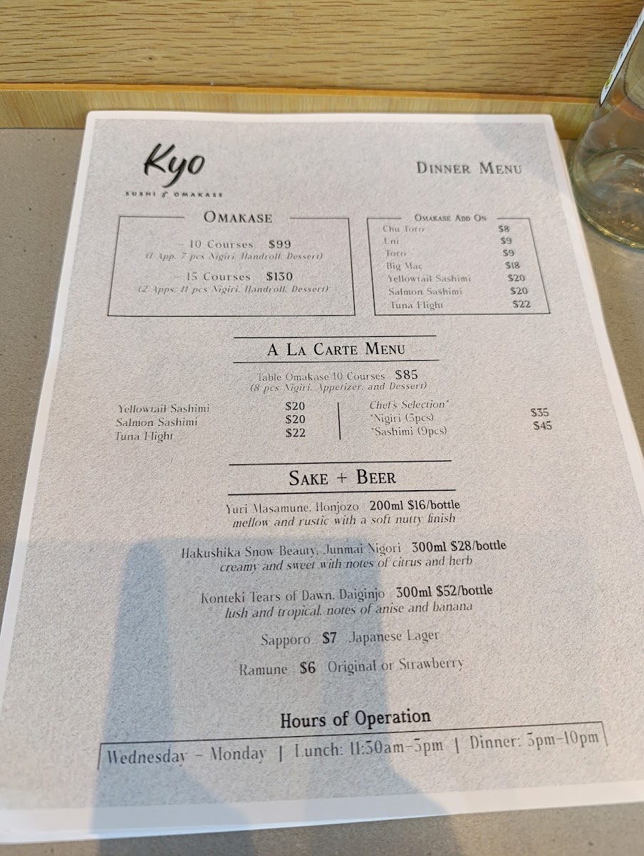 Kyo Sushi and Omakase menu board