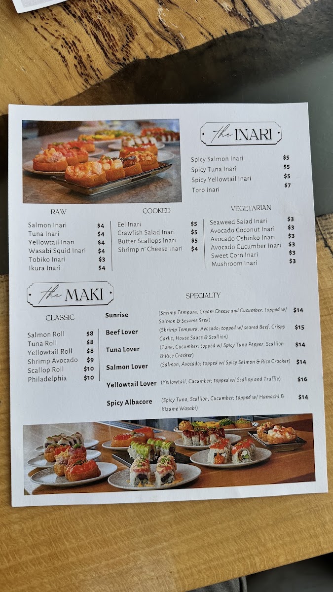 Kyo Sushi and Omakase menu board