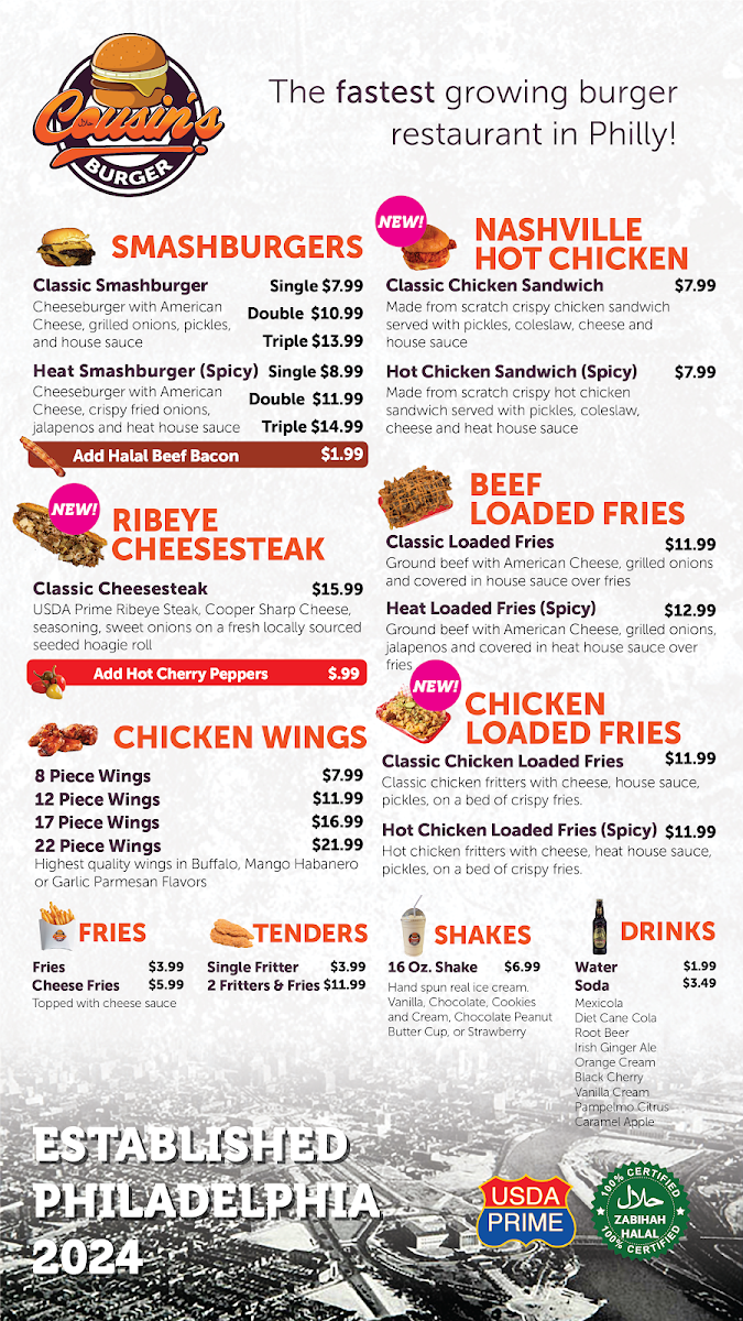 Cousin's Burger menu board