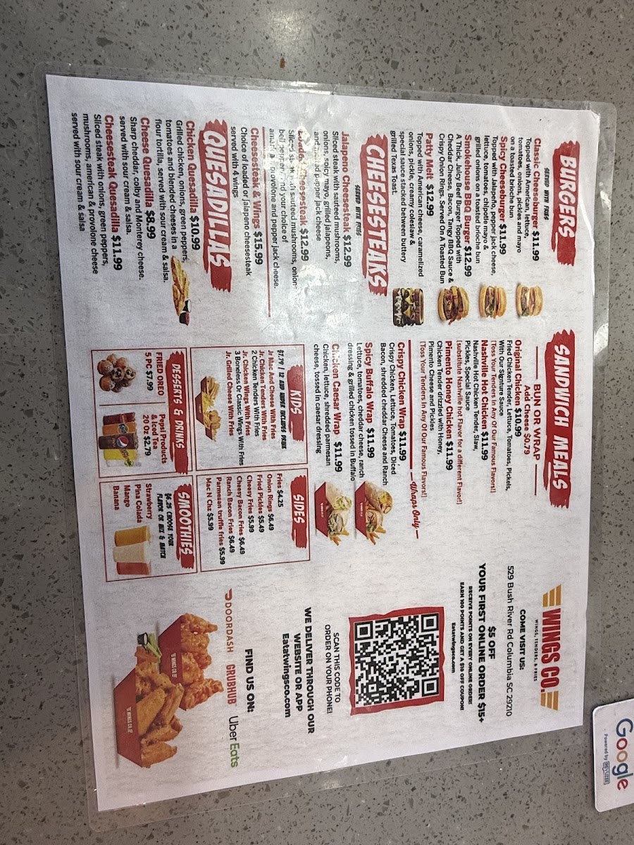 Wings Co. menu board