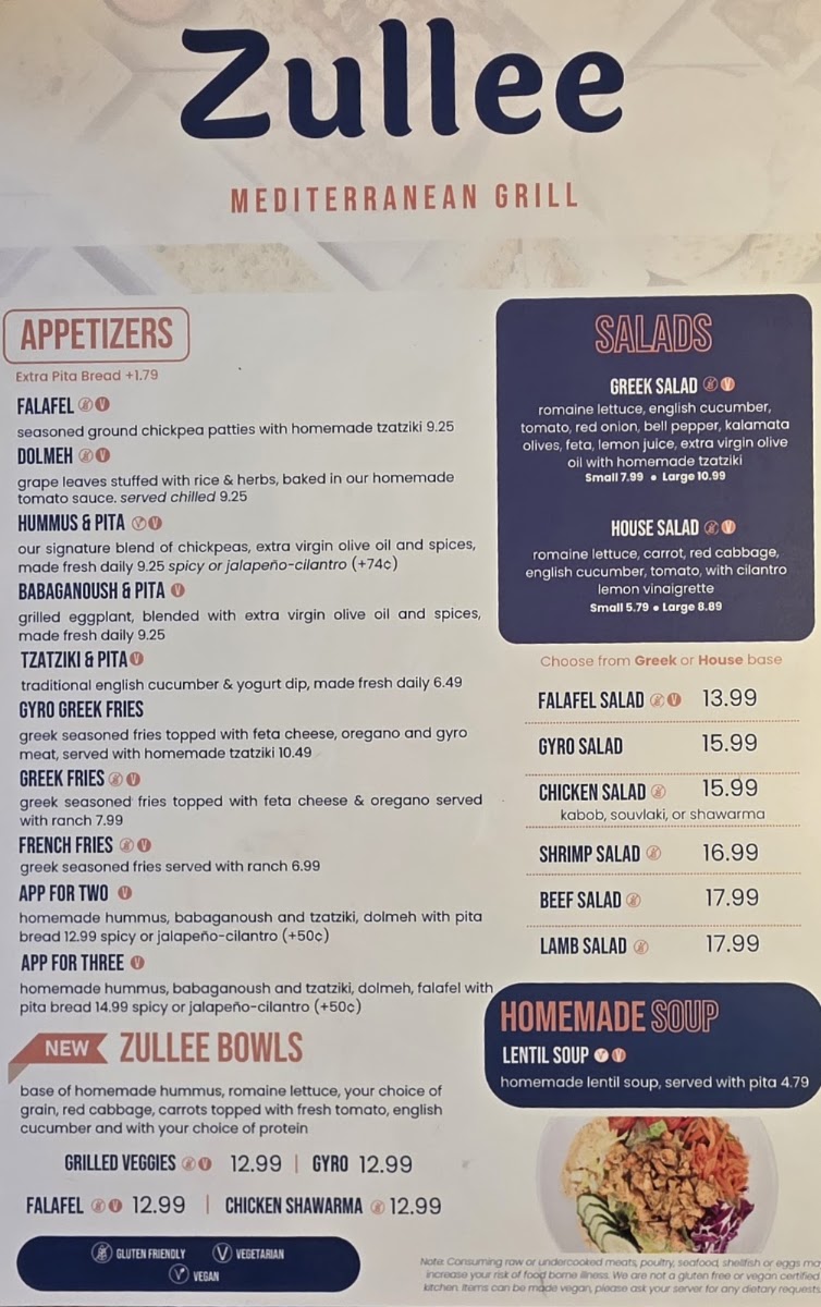 Zullee | Mediterranean Grill menu board