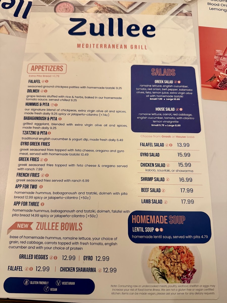 Zullee | Mediterranean Grill menu board