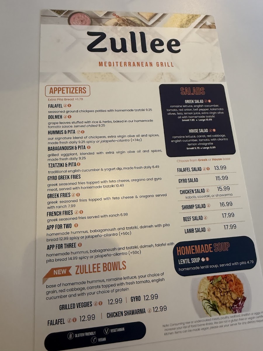Zullee | Mediterranean Grill menu board
