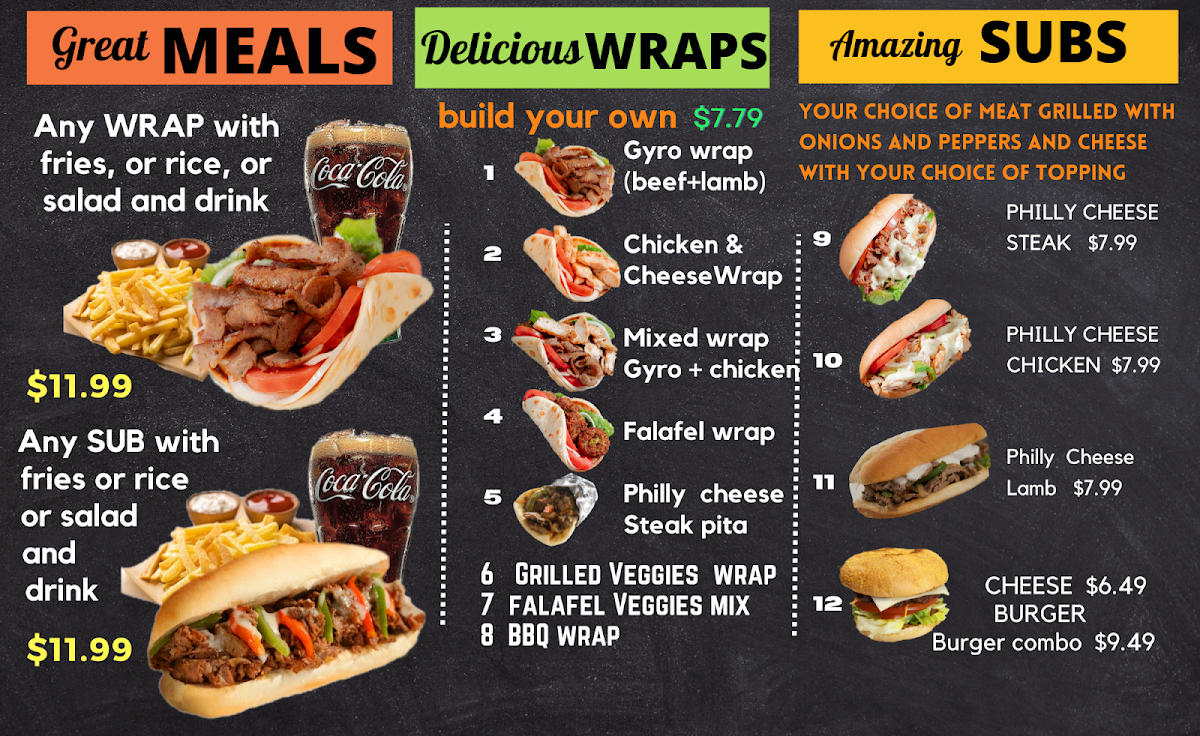 Kouzina cafe Gyros & Subs at Cool Springs menu board