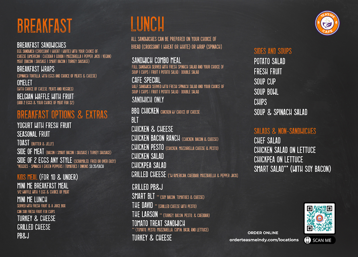 Tea's Me Community Cafe menu board