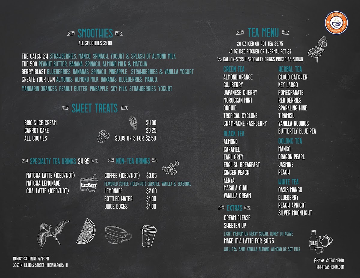 Tea's Me Community Cafe menu board