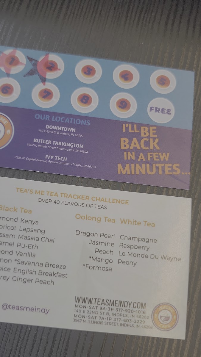 Tea's Me Community Cafe menu board