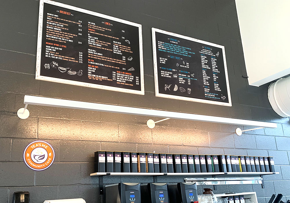 Tea's Me Community Cafe menu board