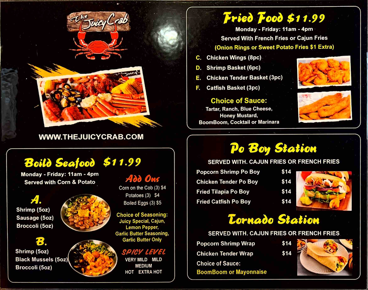 The Juicy Crab Carrollton menu board