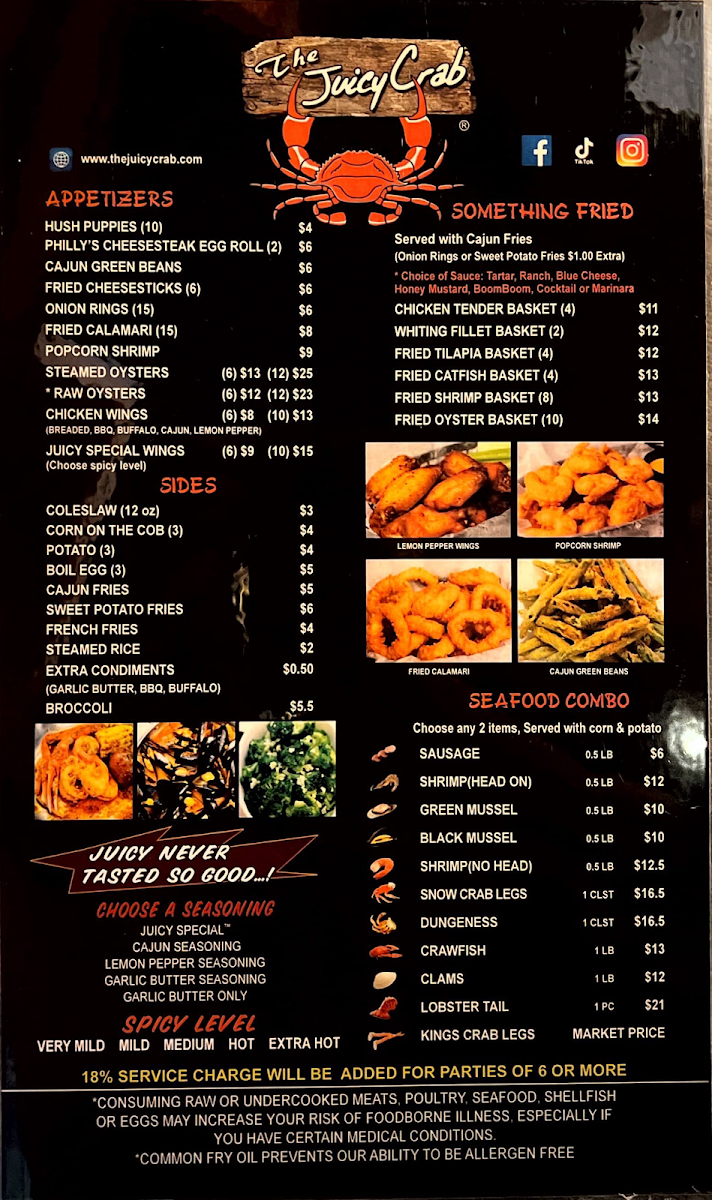 The Juicy Crab Carrollton menu board