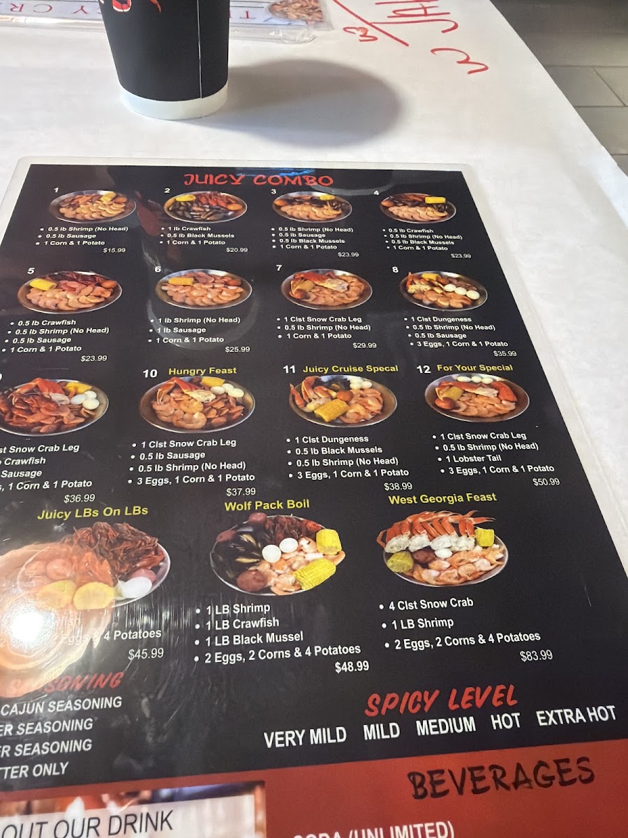 The Juicy Crab Carrollton menu board