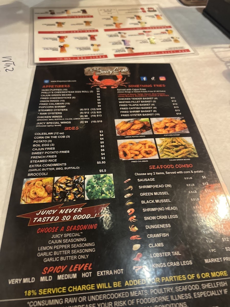 The Juicy Crab Carrollton menu board