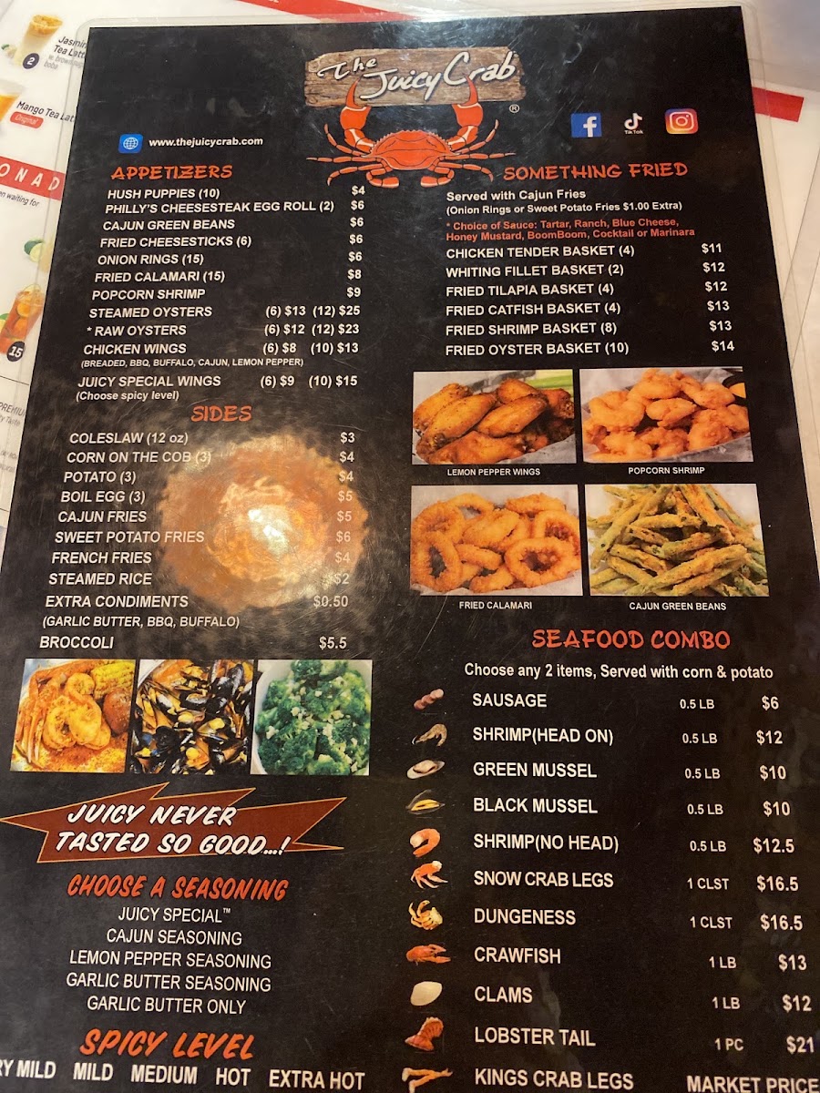 The Juicy Crab Carrollton menu board