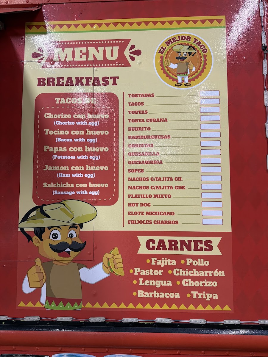 El Mejor Taco (Food Truck) menu board