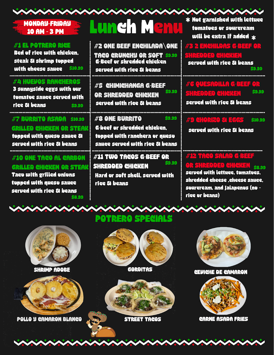 El Nuevo Potrero Mexican Restaurant menu board
