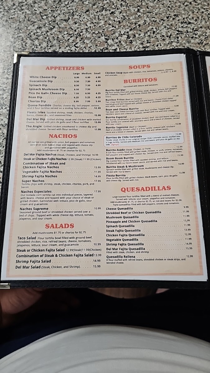 El Nuevo Potrero Mexican Restaurant menu board