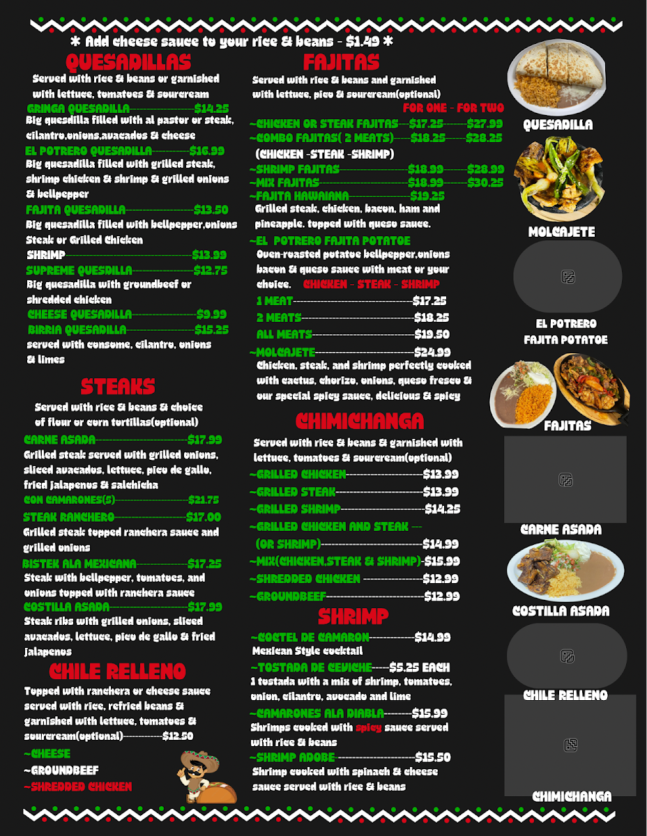 El Nuevo Potrero Mexican Restaurant menu board