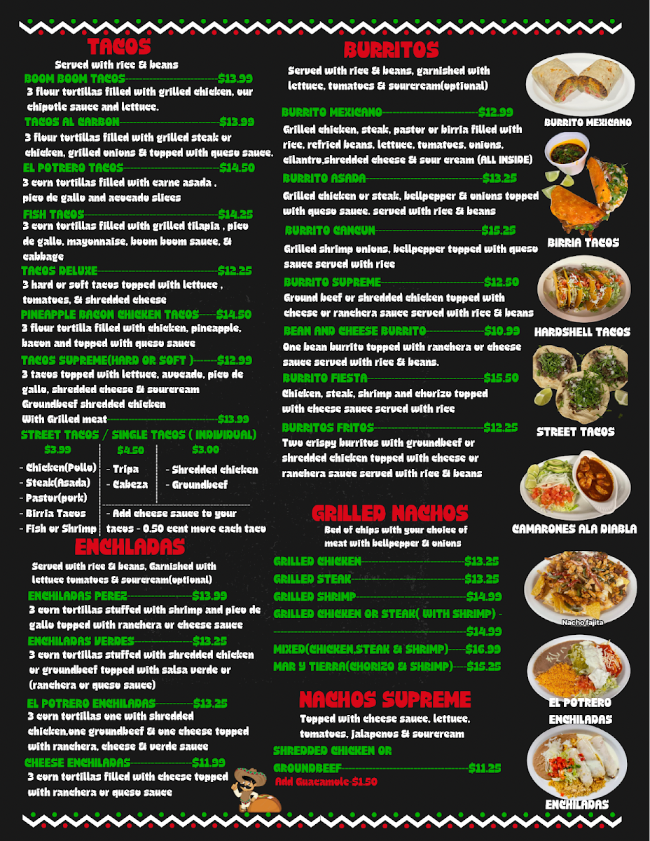 El Nuevo Potrero Mexican Restaurant menu board