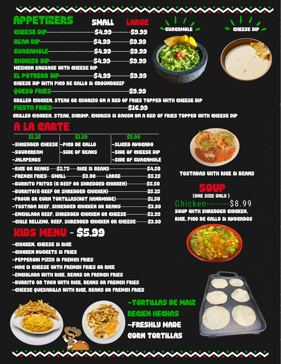 El Nuevo Potrero Mexican Restaurant menu board