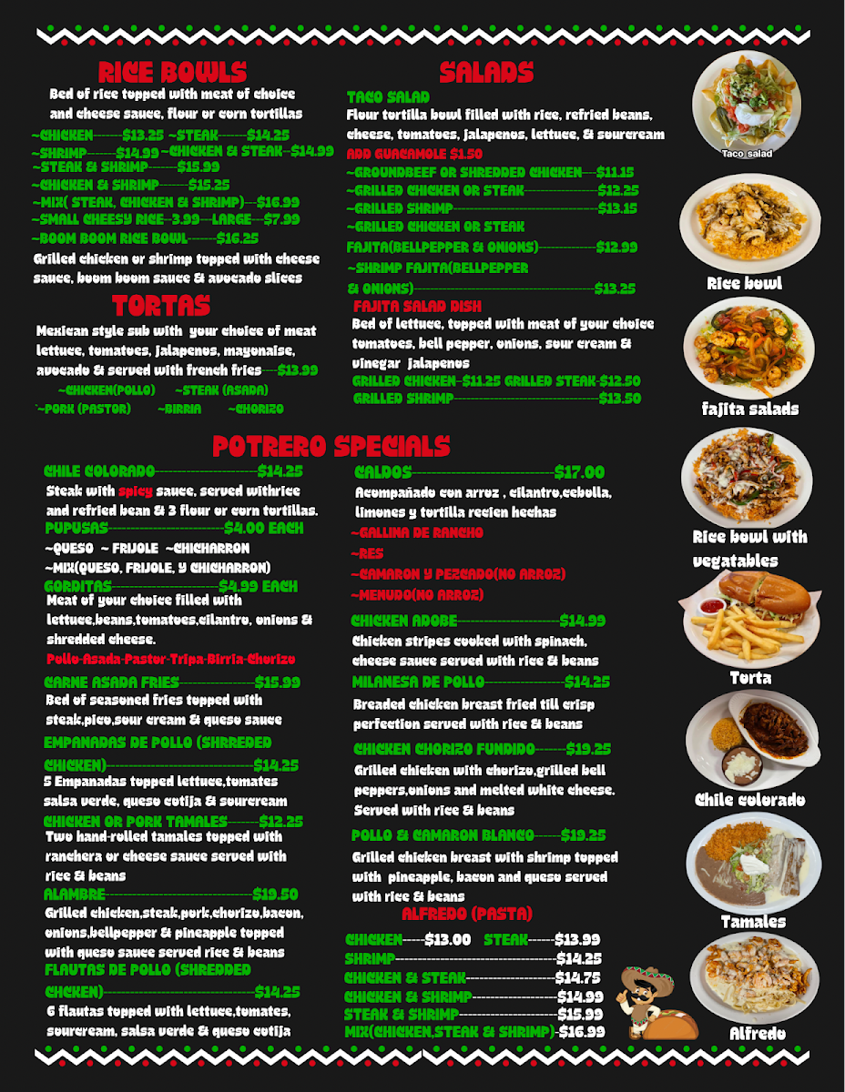 El Nuevo Potrero Mexican Restaurant menu board