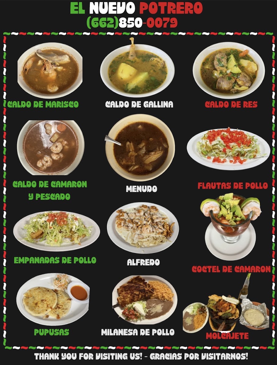 El Nuevo Potrero Mexican Restaurant menu board