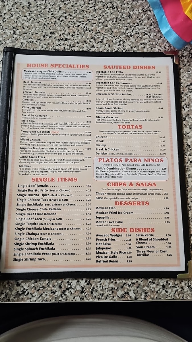 El Nuevo Potrero Mexican Restaurant menu board