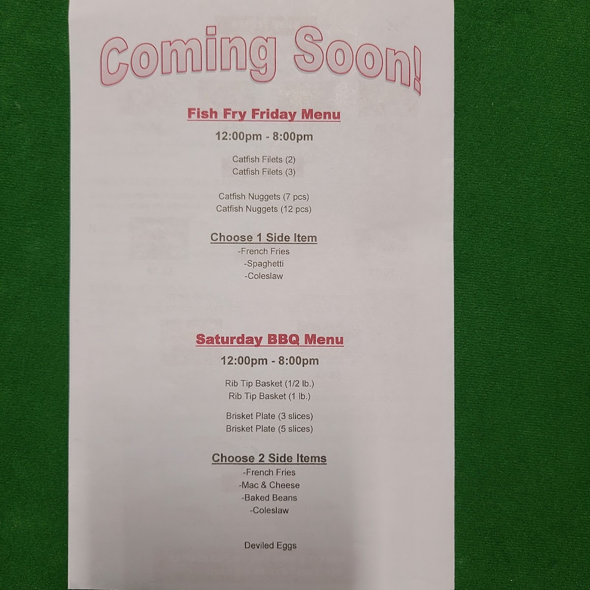 Cunningham's Grill menu board