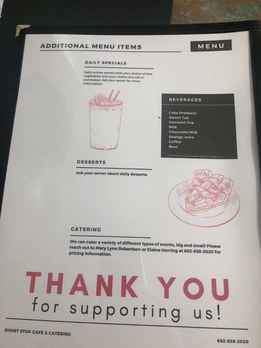 Short Stop Cafe and Catering menu board