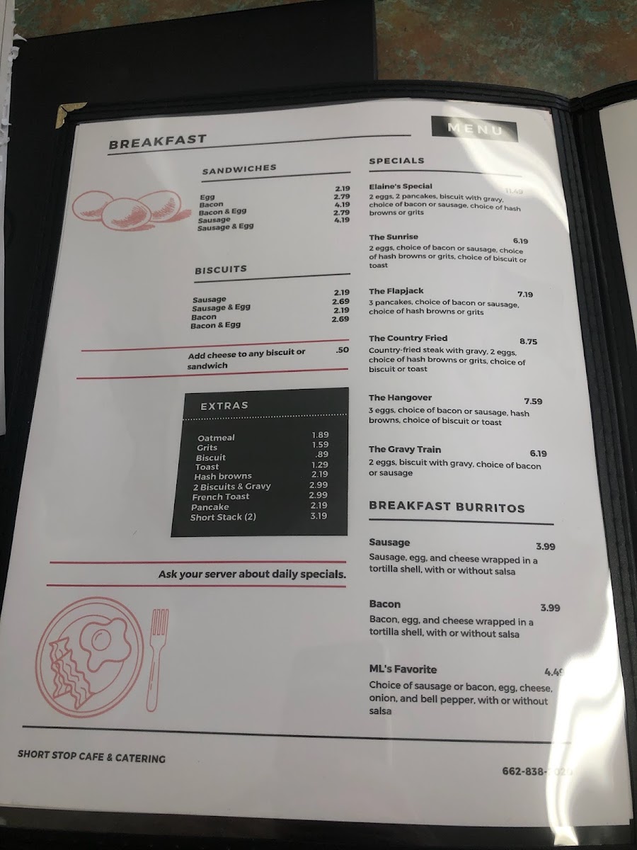 Short Stop Cafe and Catering menu board
