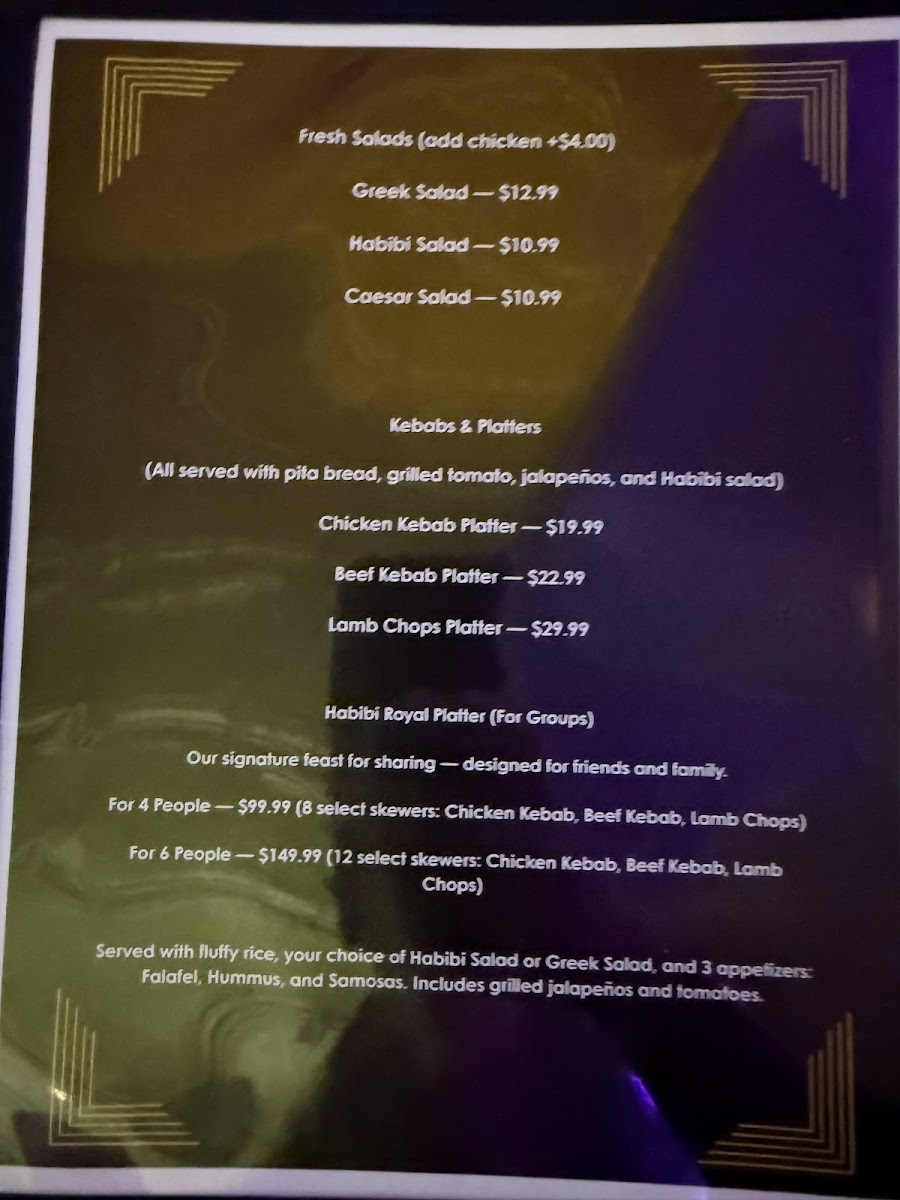 Habibi Cafe & Restaurant menu board