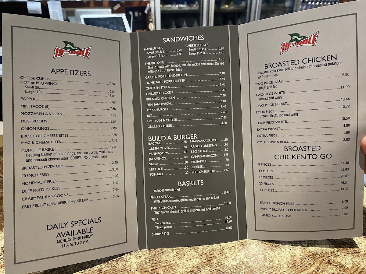 Thumser's 19th Hole menu board