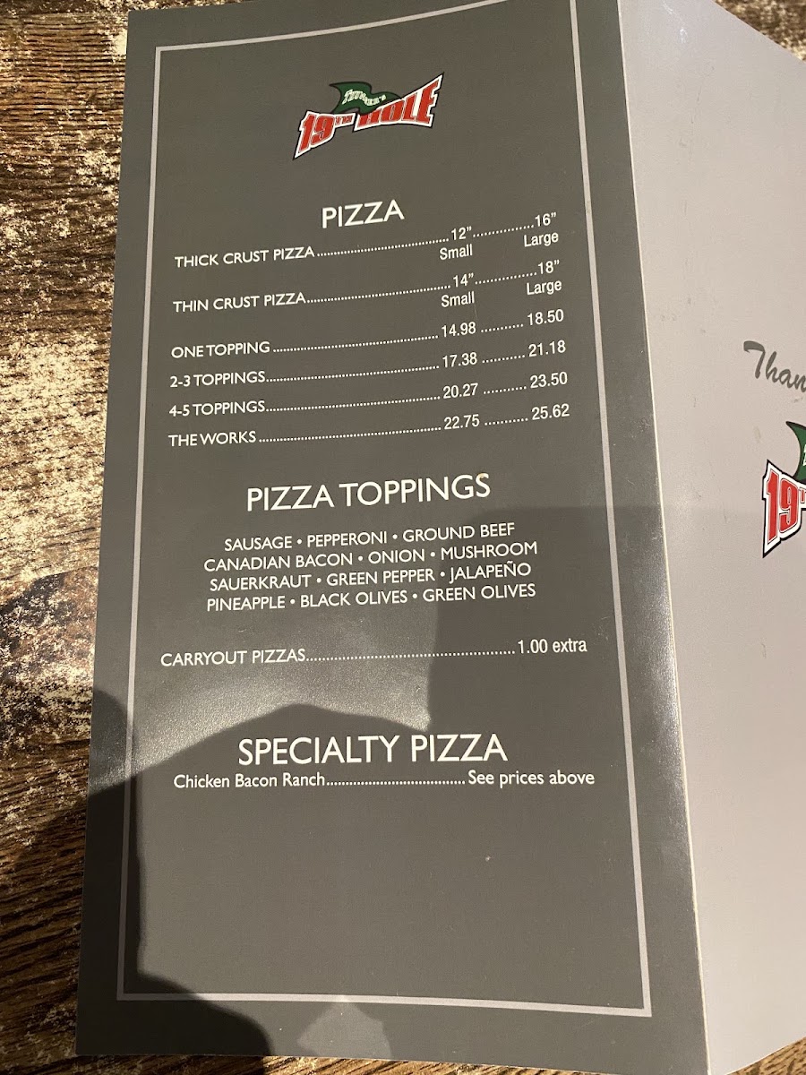 Thumser's 19th Hole menu board