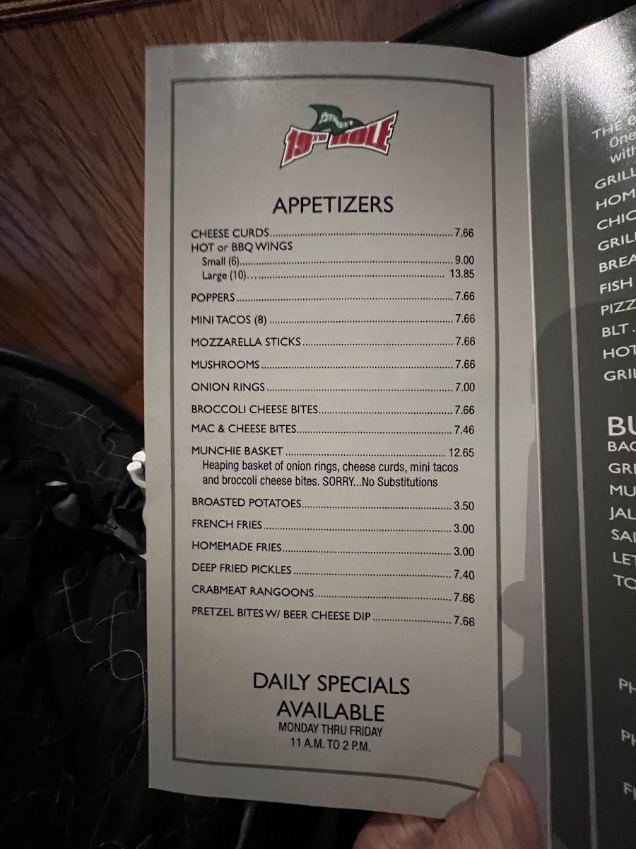 Thumser's 19th Hole menu board