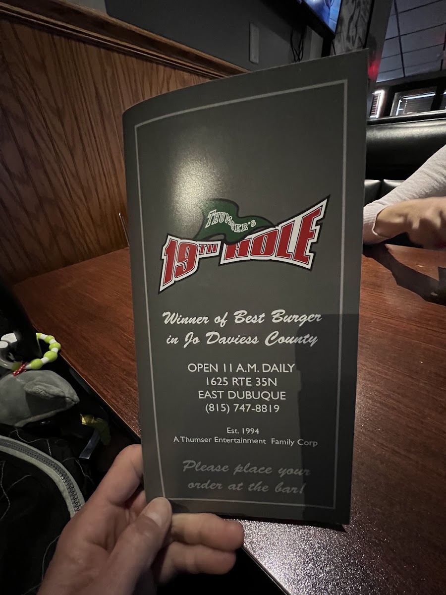 Thumser's 19th Hole menu board