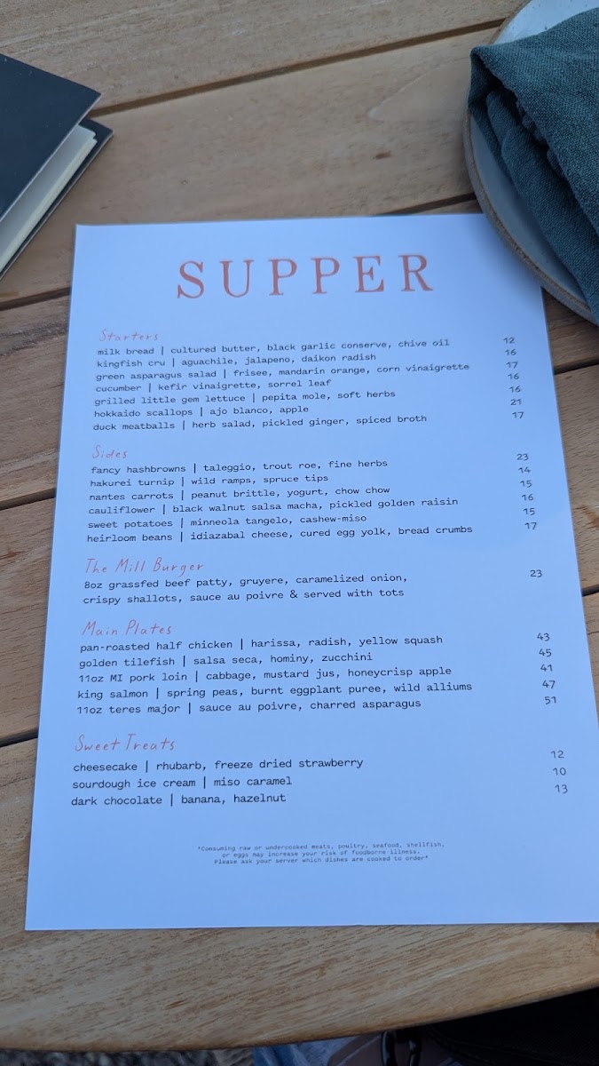 Supper at The Mill menu board
