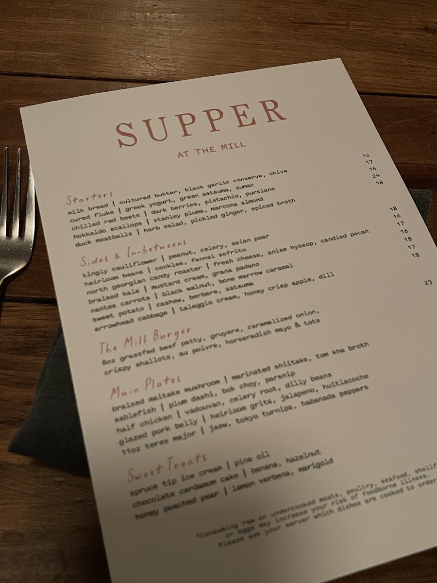 Supper at The Mill menu board