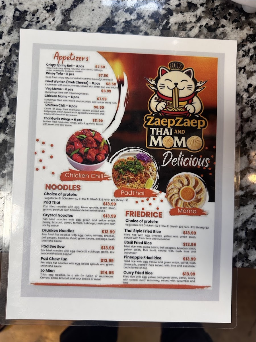 ZaepZaep Thai and Momo menu board