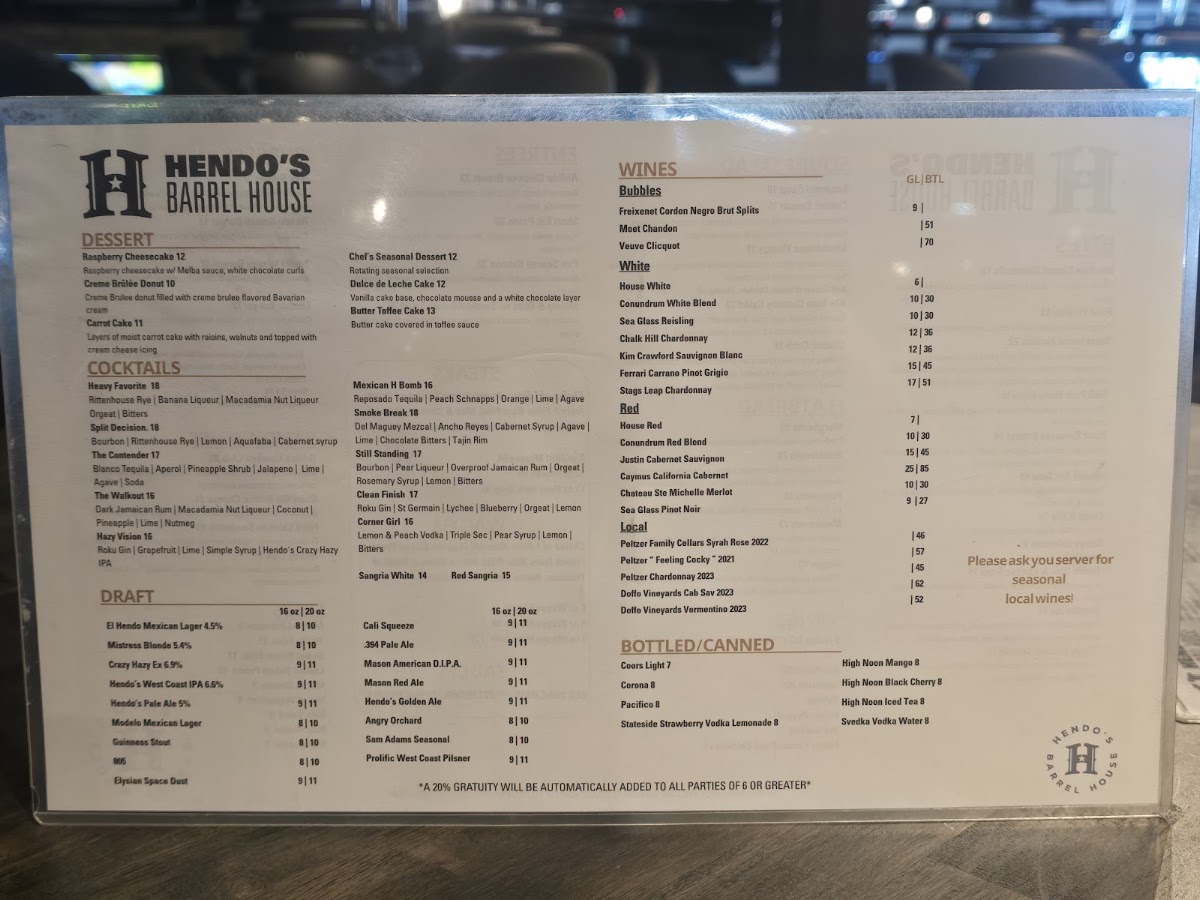 Hendo's Barrel House menu board