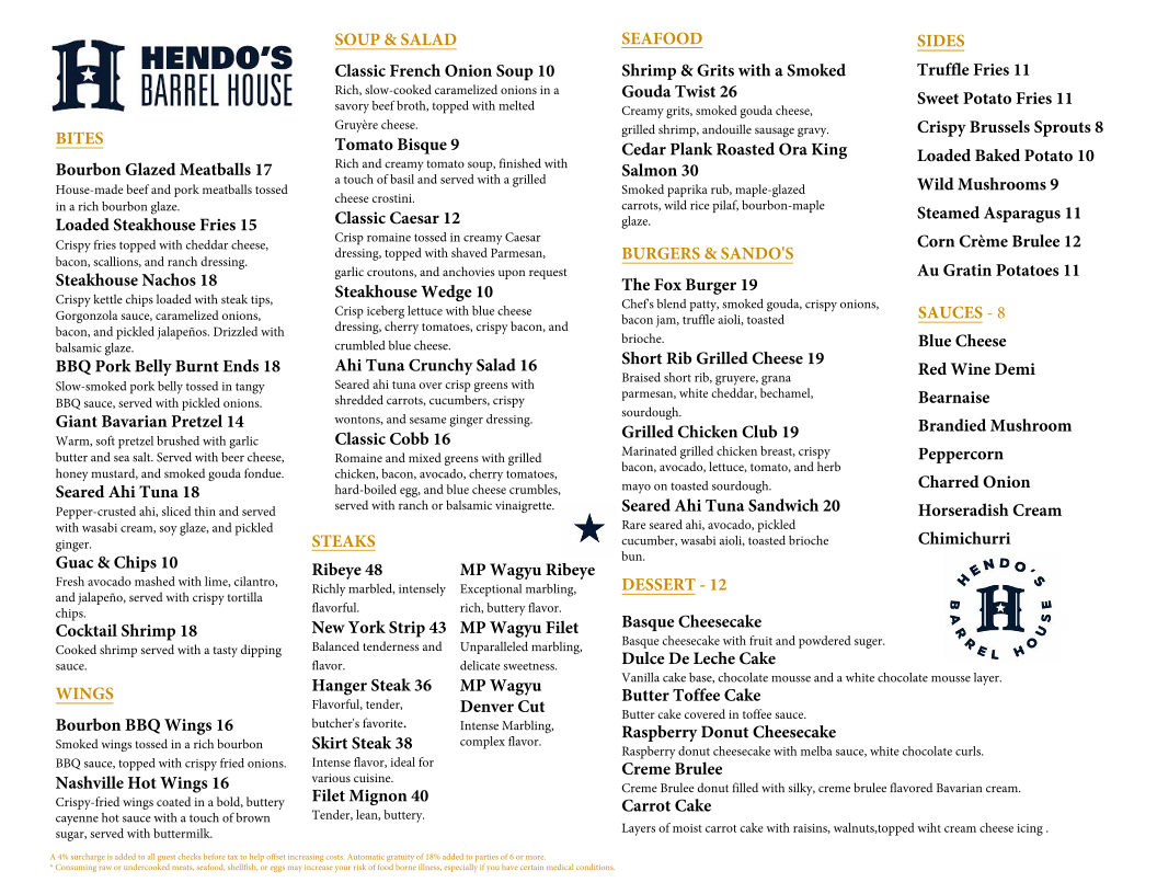 Hendo's Barrel House menu board