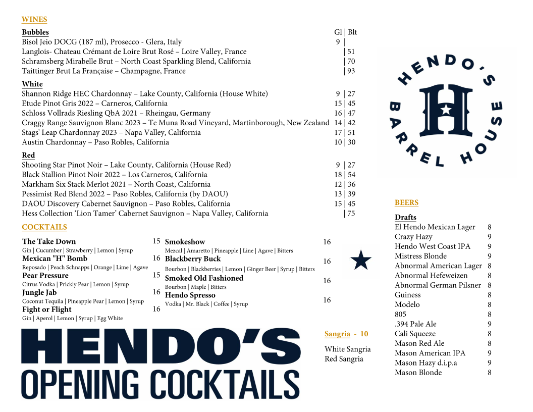Hendo's Barrel House menu board